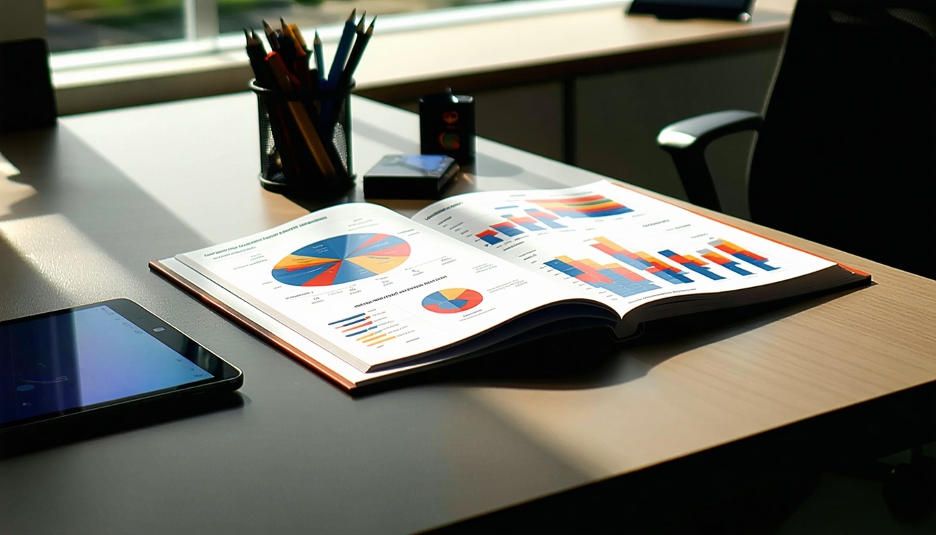 Елегантний сучасний офісний стіл має гладку поліровану поверхню, освітлену природним світлом, що проникає через сусіднє вікно На столі лежить переплетений маркетинговий звіт у професійній обкладинці з яскравим дизайном і жирним шрифтом typog-2.