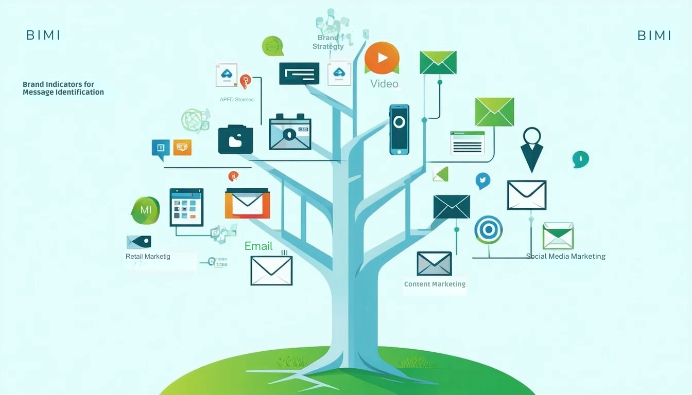 BIMI або Brand Indicators for Message Identification (Індикатори бренду для ідентифікації повідомлень) слугує фундаментальним стовбуром дерева маркетингової стратегії, забезпечуючи надійну основу для впізнаваності бренду та довіри до цифрових комунікацій Від цього центрального стовпа відштовхуються різні маркетингові тактики - від